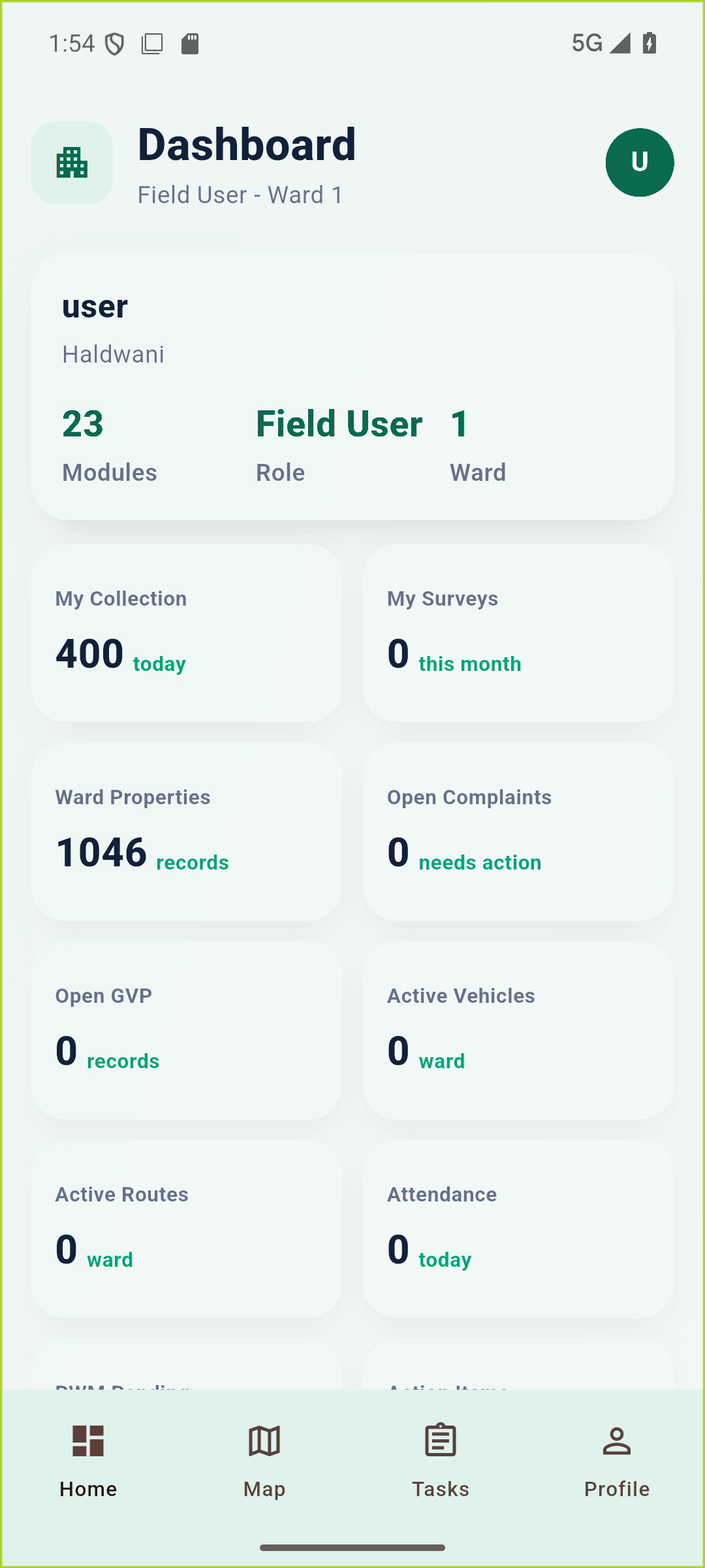 SWM field user mobile application dashboard